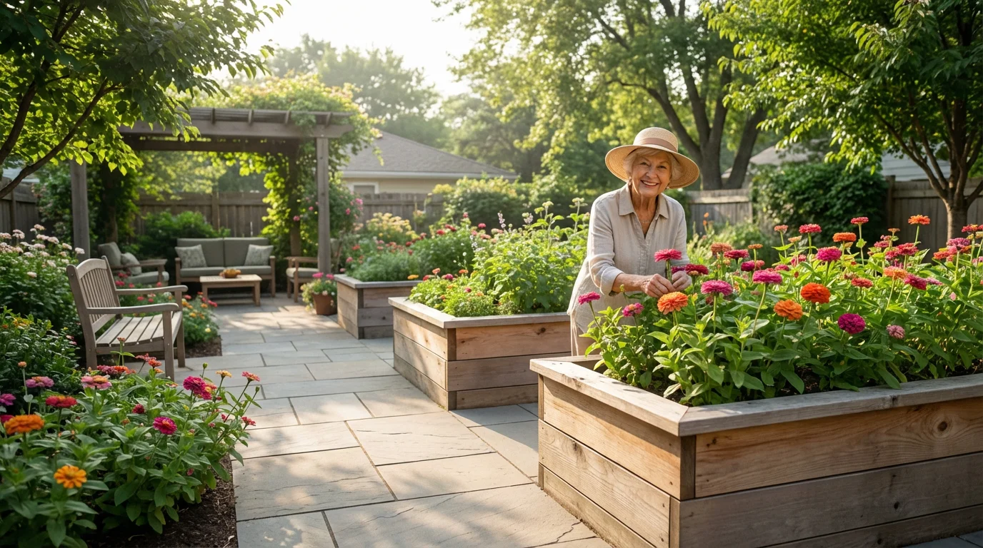 A senior woman gardening in a beautiful, accessible garden with raised beds at sunrise.