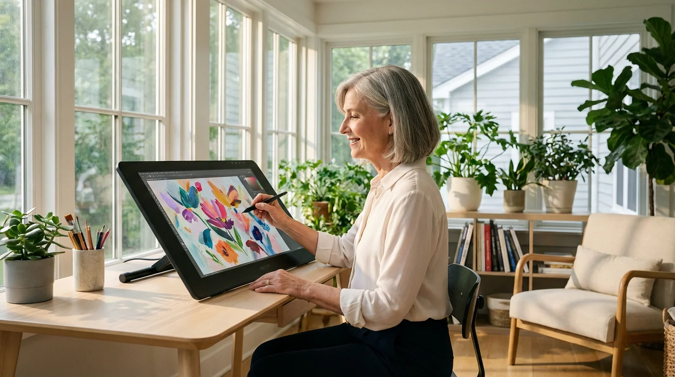 A senior woman happily creates a colorful digital painting on a tablet in her sunlit home.