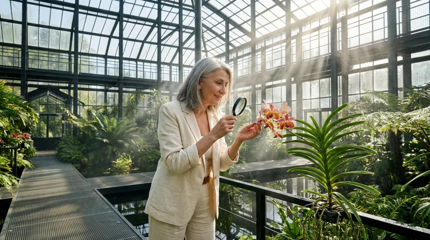 A senior woman in a large, sunlit greenhouse examines an exotic plant with a magnifying glass.