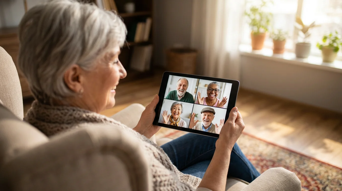 A senior woman in a sunlit room video calling a group of friends online.