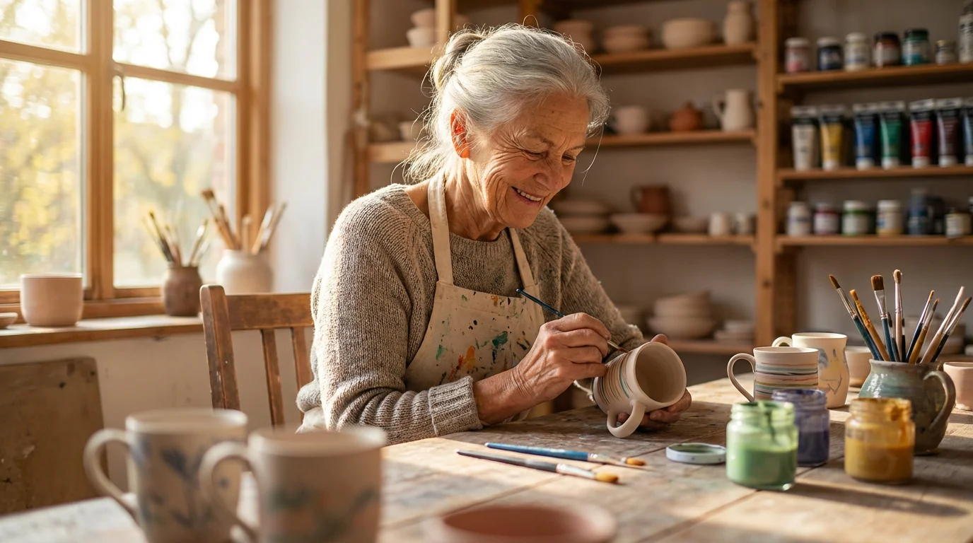 A senior woman in a sunlit studio carefully painting handmade ceramic mugs, viewed from below.