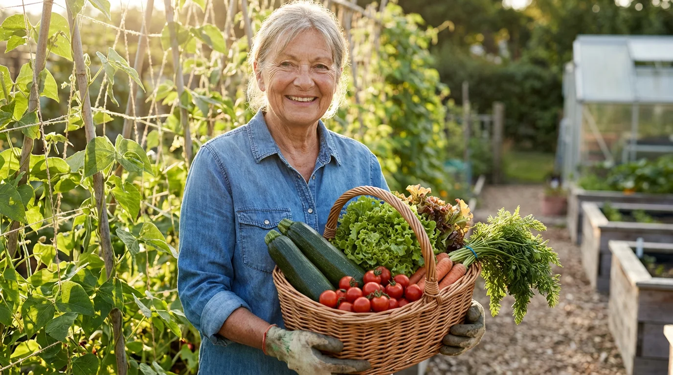 A senior woman in her garden proudly holds a wicker basket of fresh vegetables.