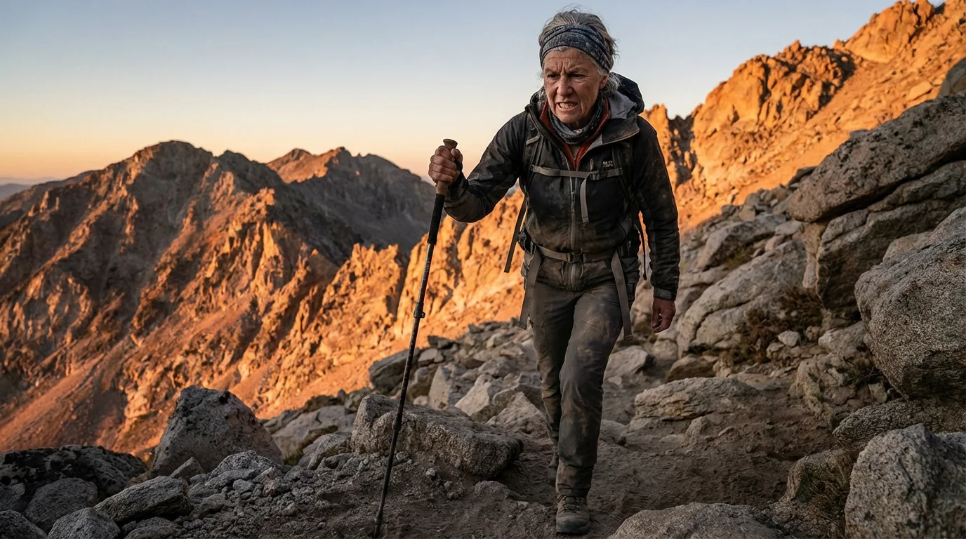 A senior woman in hiking gear determinedly climbs a steep, rocky mountain path.