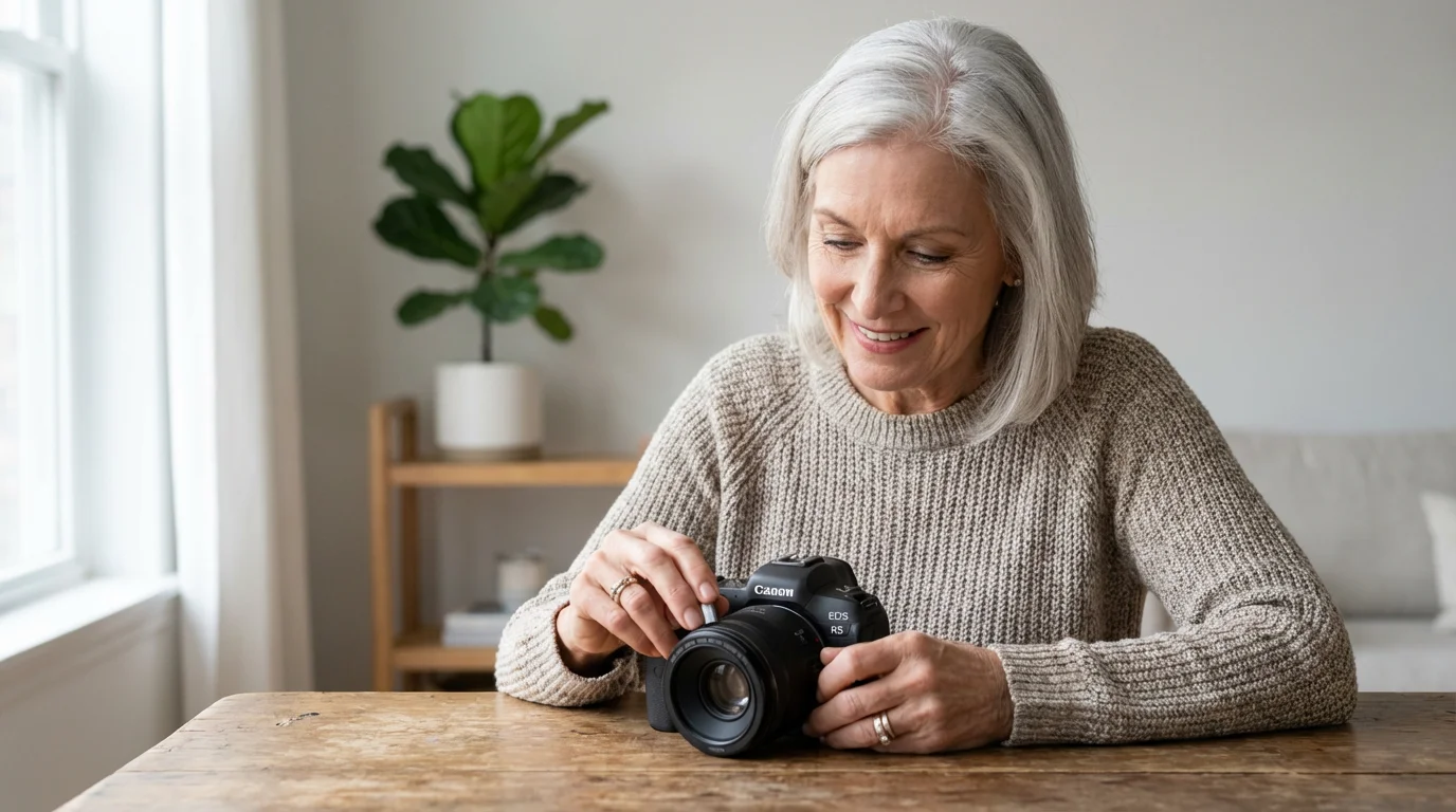 A senior woman in natural light intently adjusts the aperture setting on her camera.