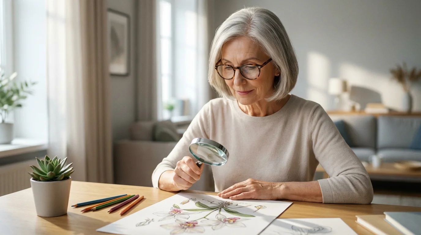 A senior woman intently studying a botanical illustration with a magnifying glass in a sunroom.