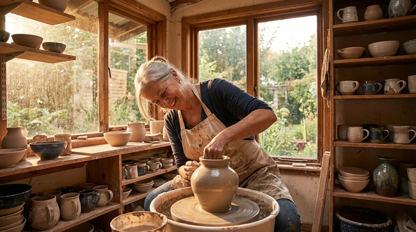 A senior woman joyfully creating a vase on a pottery wheel in her sunlit studio.