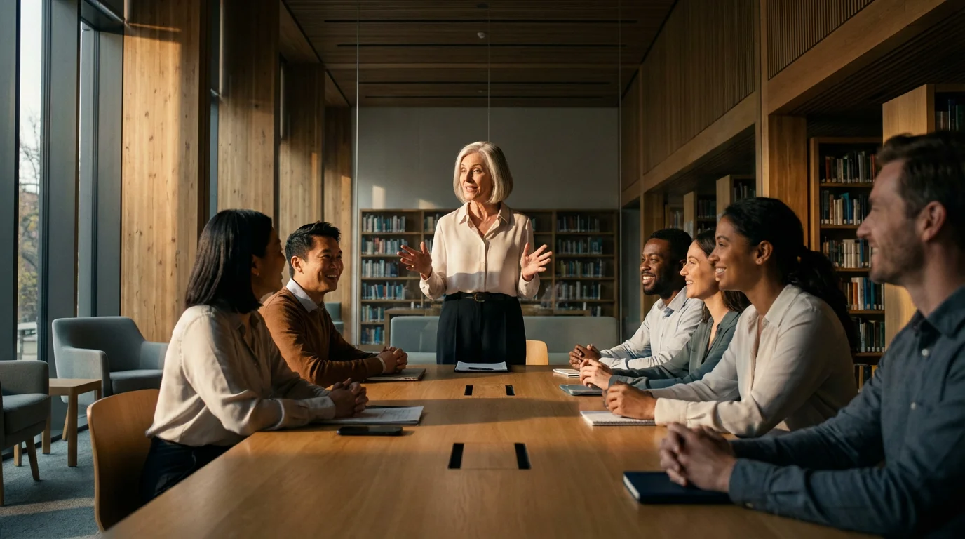 A senior woman leads a storytelling workshop for a small group in a sunlit room.