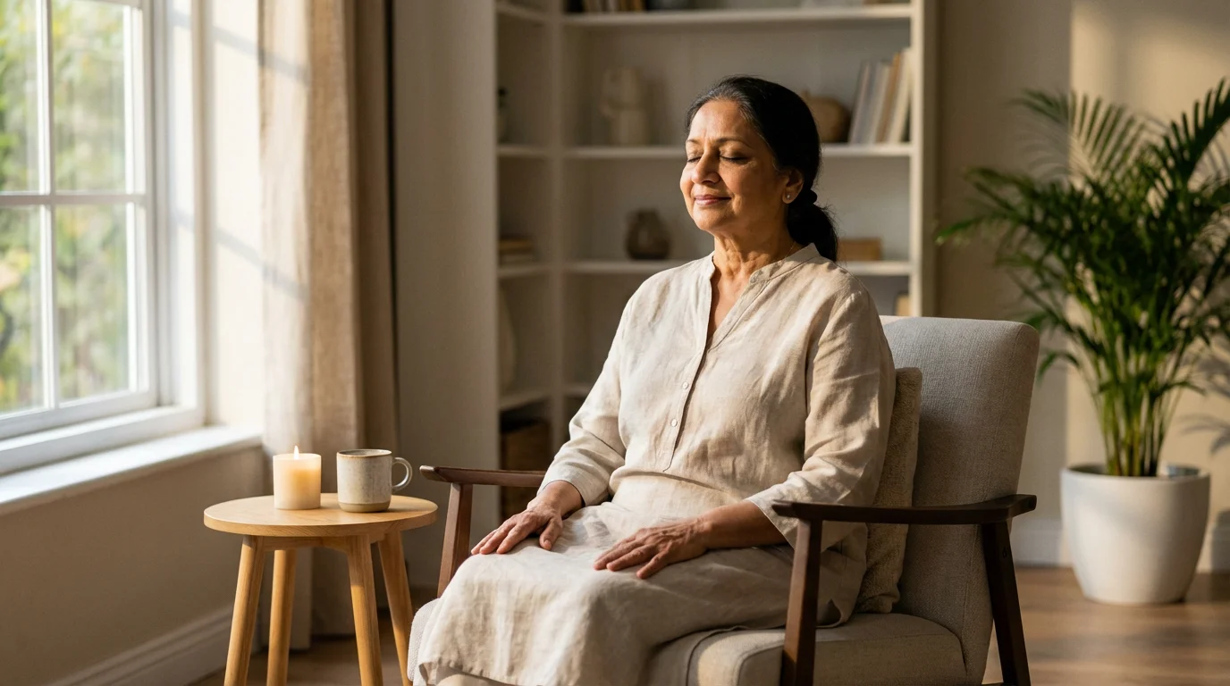 A senior woman meditates peacefully in an armchair in a sunlit, modern living room.