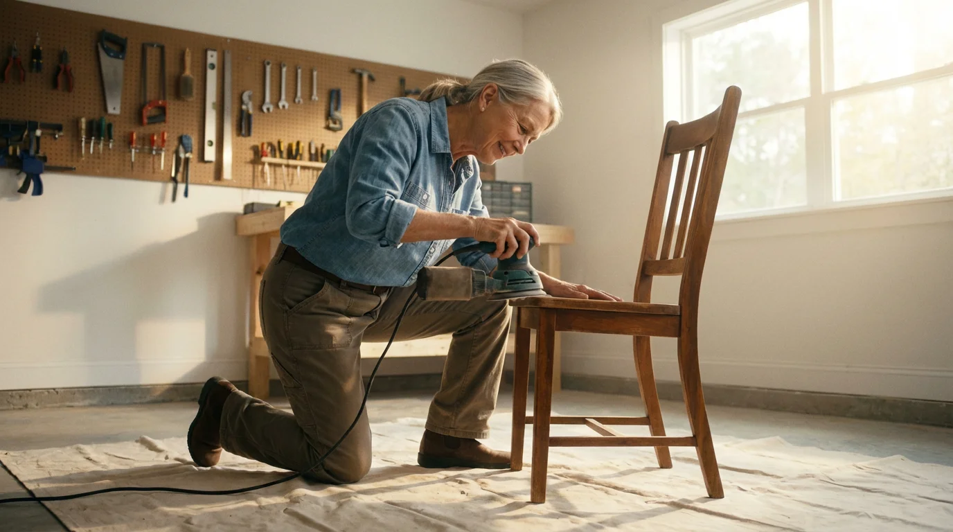 A senior woman sanding a wooden chair in her workshop with soft morning light.