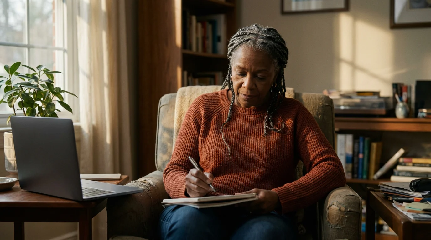 A senior woman sits in an armchair planning her freelance career in a sunlit room.