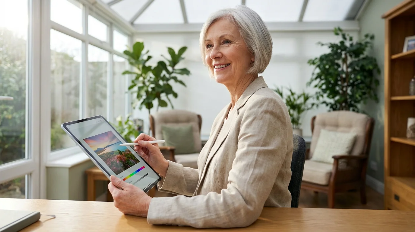 A senior woman sitting at a desk editing a landscape photo on a tablet.