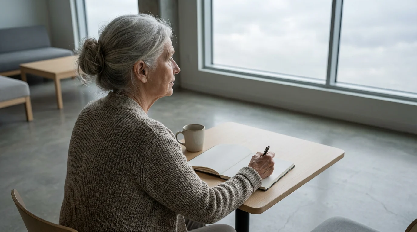 A senior woman sitting with a notebook, looking thoughtfully out a window.