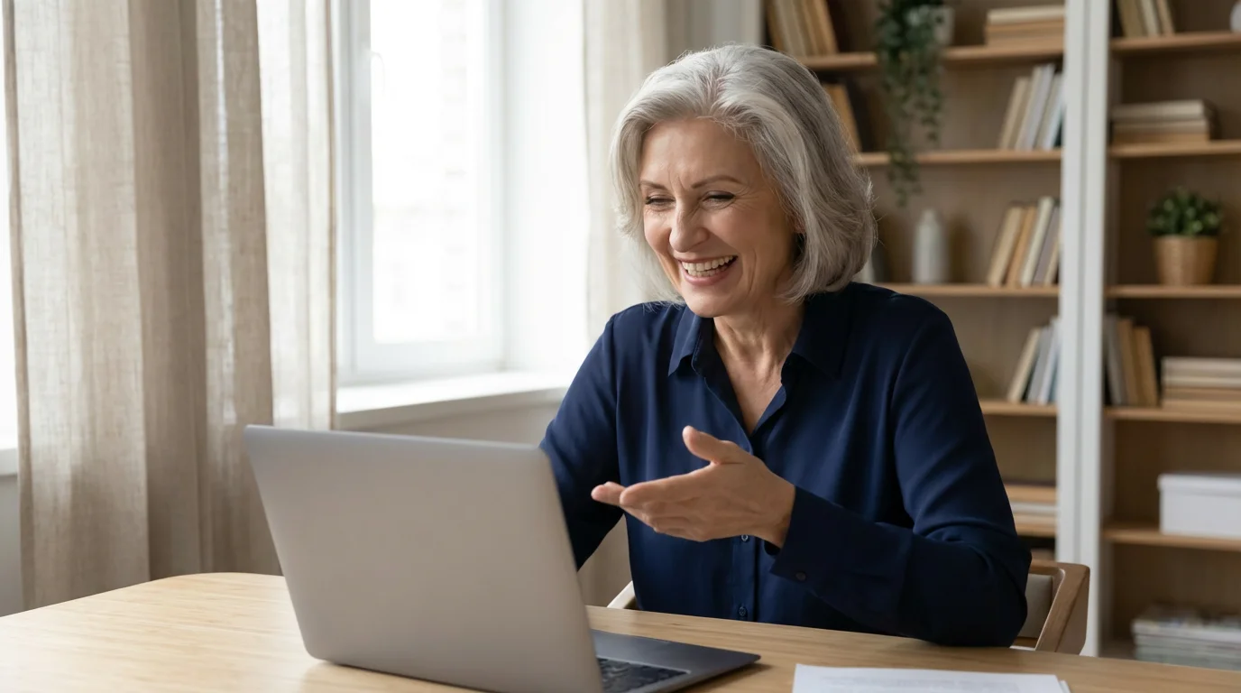 A senior woman smiles while working on her laptop in a bright home office.