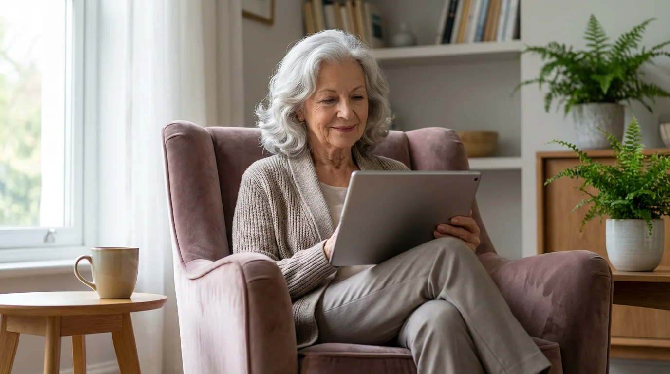 A senior woman smiling while using a tablet in a sunny, comfortable living room.