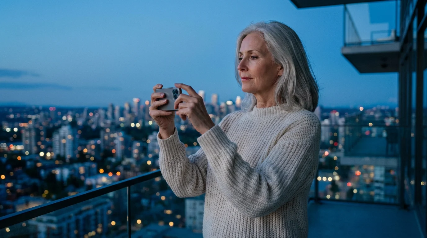 A senior woman takes a photo of a city skyline at dusk with her smartphone.