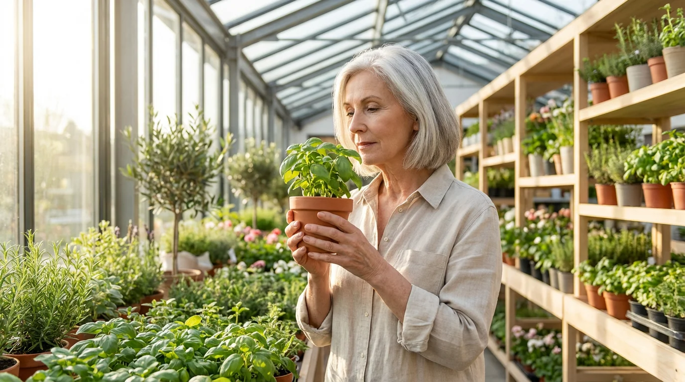 A senior woman thoughtfully choosing a small potted herb plant in a modern garden center.