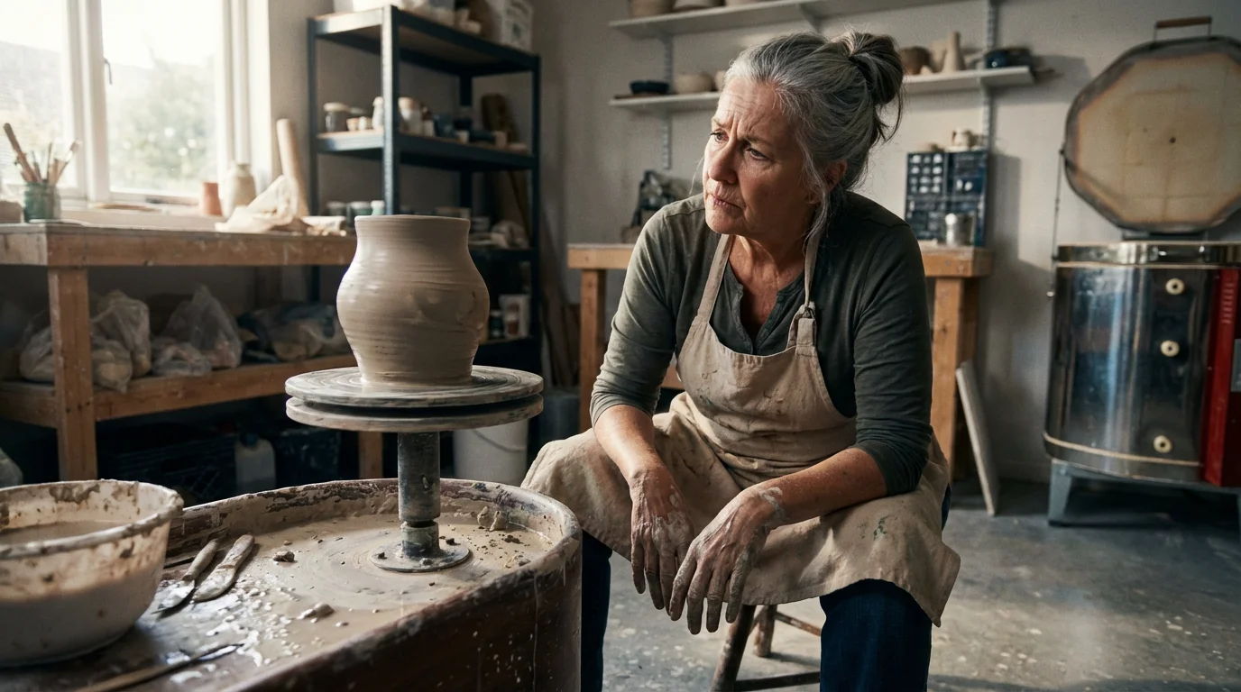 A senior woman thoughtfully contemplating a lopsided clay pot on a pottery wheel.