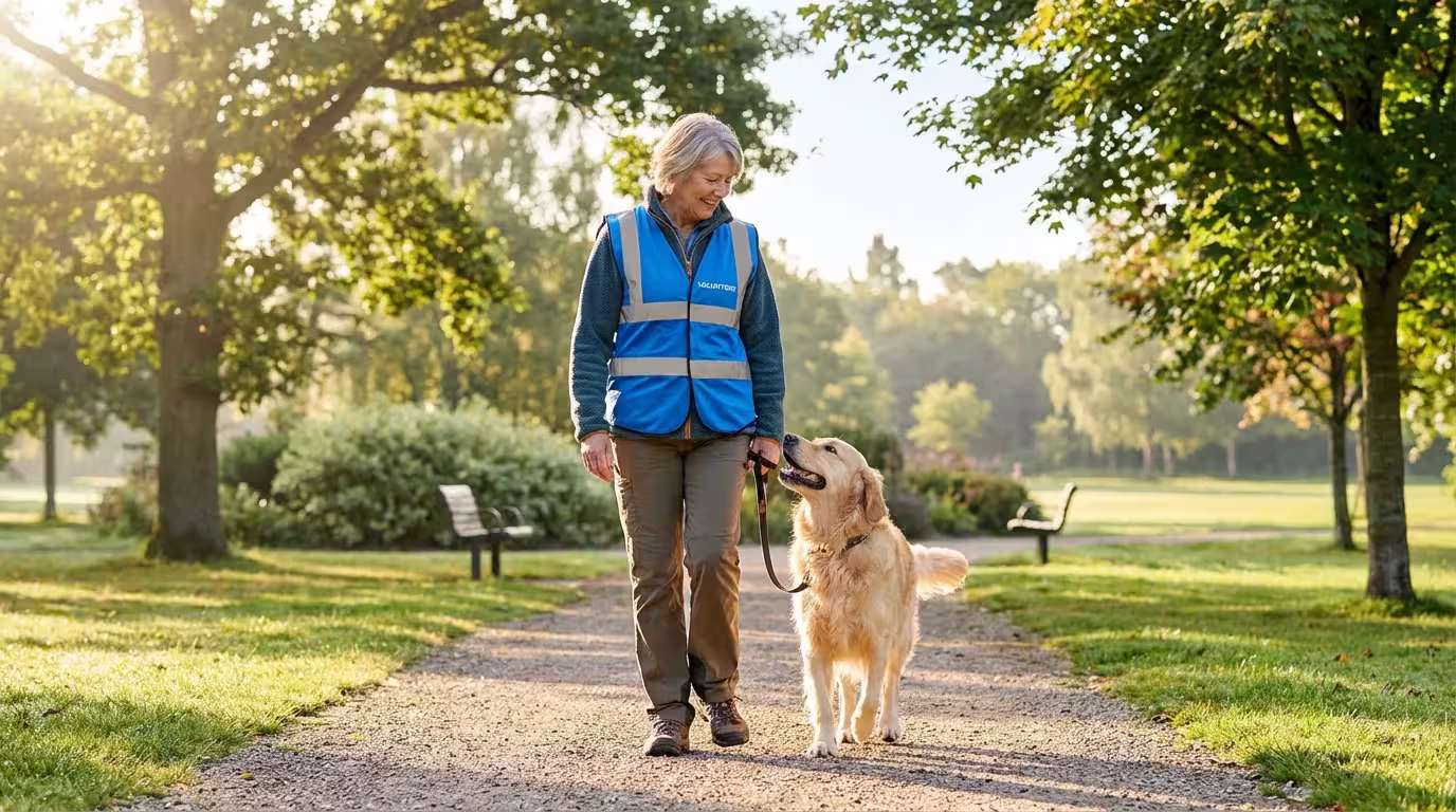 A senior woman volunteering, happily walking a golden retriever dog in a sunny park.