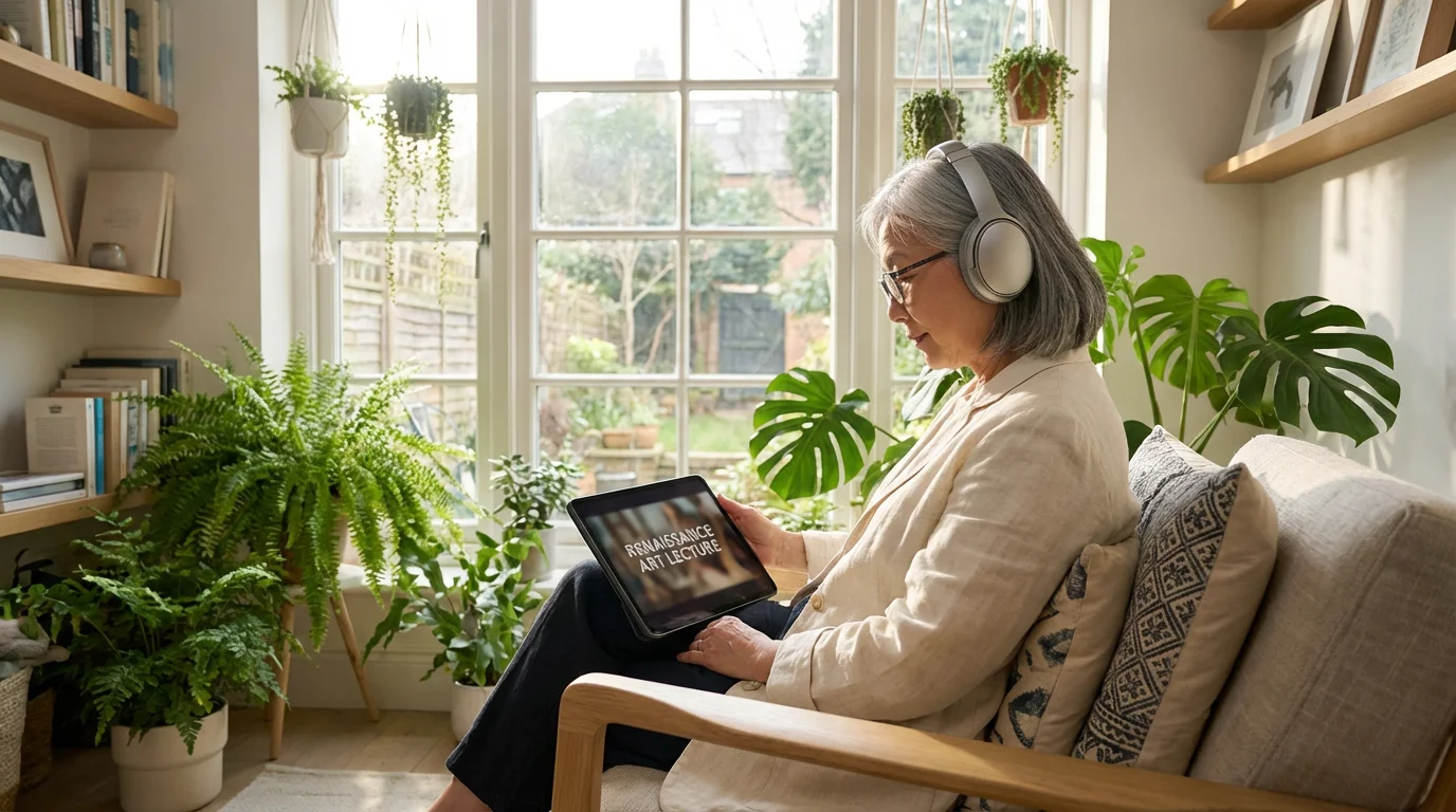 A senior woman wearing headphones takes an online course on her tablet in a sun-drenched room.
