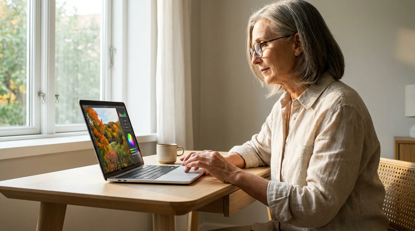 A senior woman with glasses editing a colorful nature photo on a modern laptop.