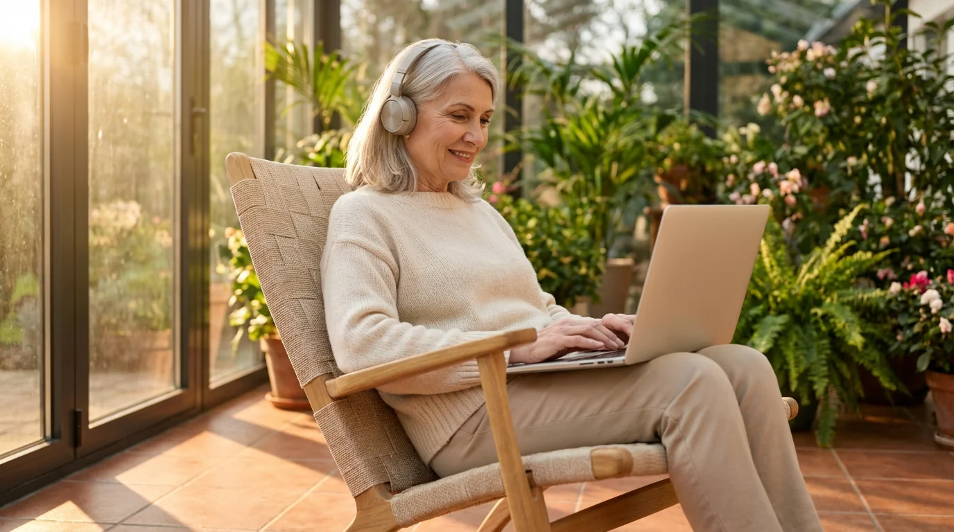 A senior woman with headphones learns on her laptop in a sunny room at golden hour.