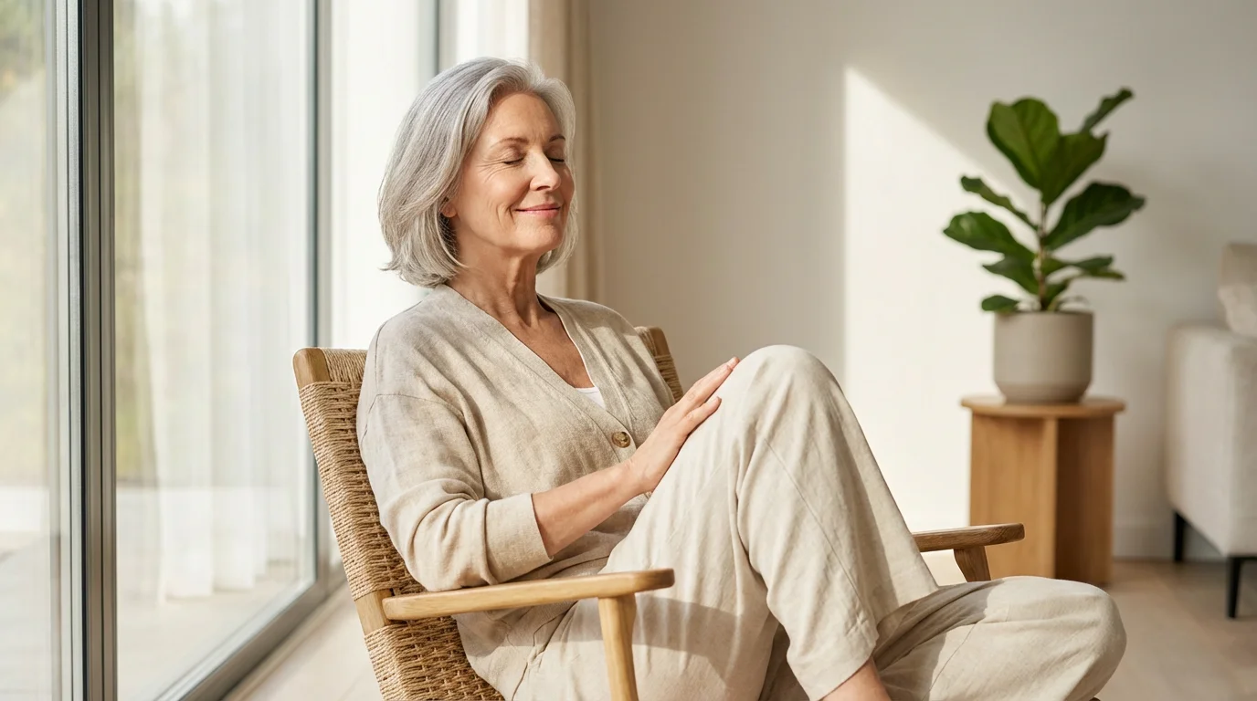 A senior woman with silver hair meditating peacefully in an armchair with soft morning light.