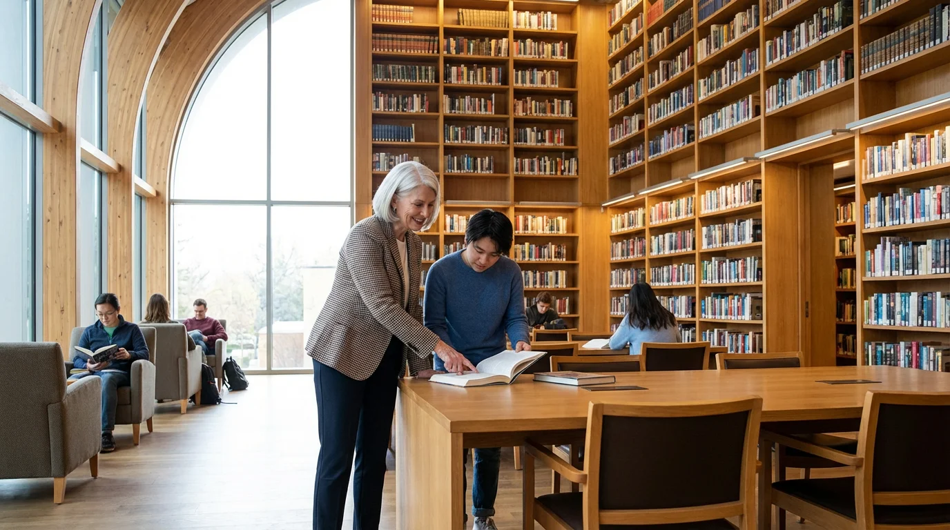 A senior woman working part-time in a modern library, helping a younger person.