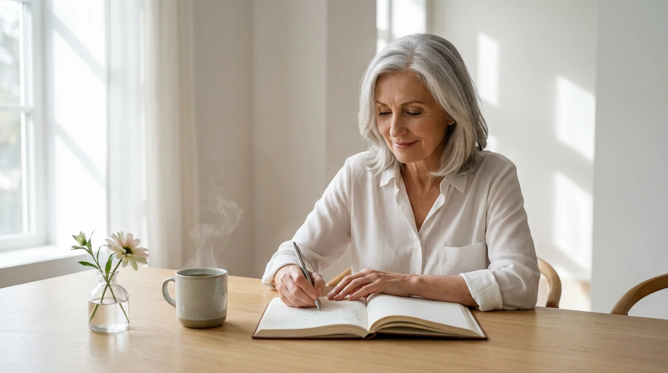 A senior woman writing in a wellness journal at a sunlit table with tea.