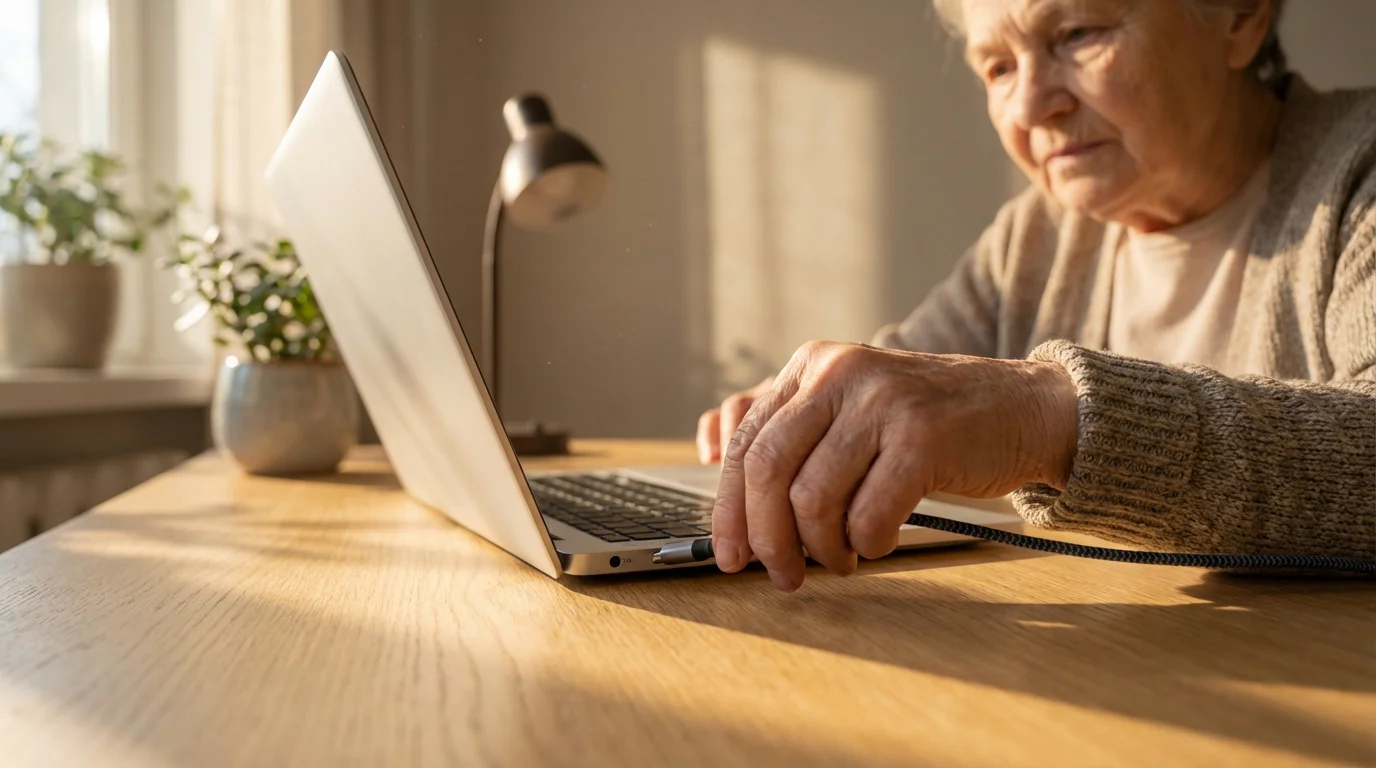 A senior woman's hands plugging a cable into a laptop on a sunlit desk.