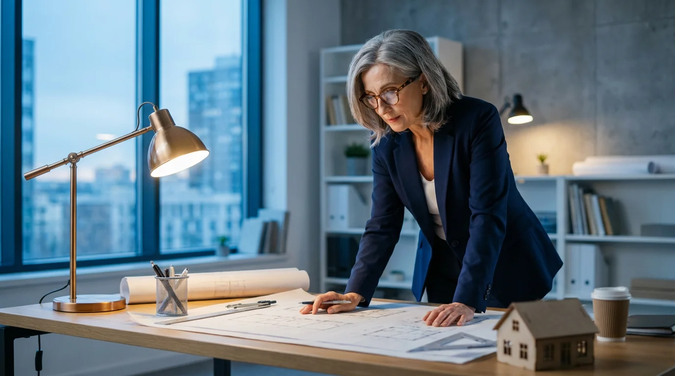 A woman at a desk with blueprints and a house model, planning her future.