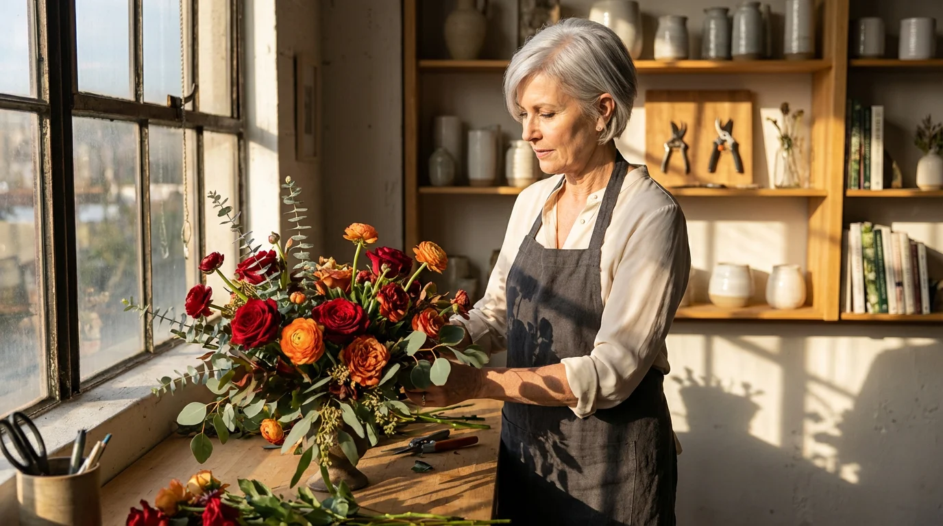 A woman in her 60s creates a floral arrangement in her sunlit home studio.