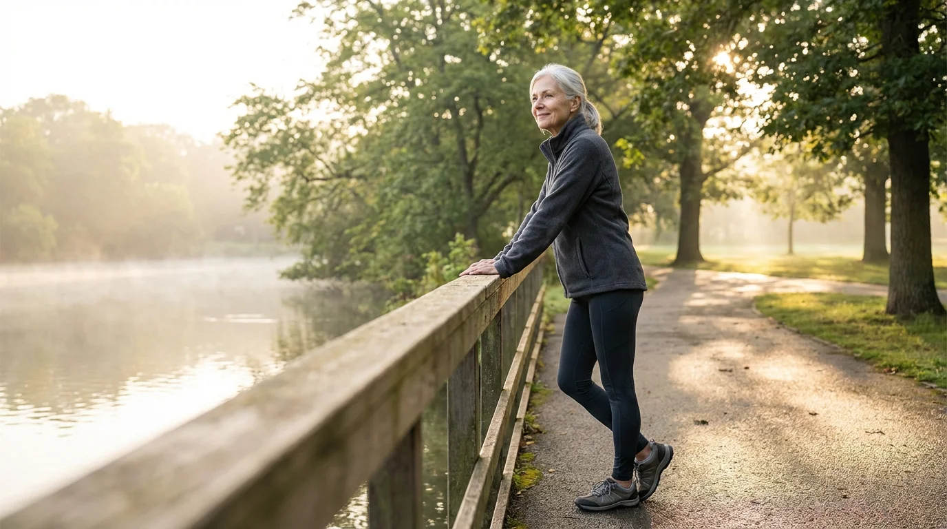A woman in her 60s enjoys a peaceful morning walk by a lake.