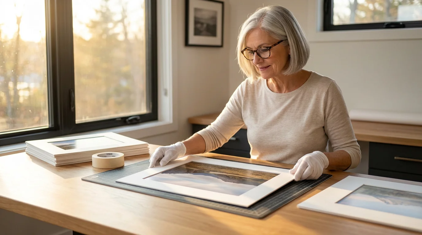 A woman in her 60s in a home studio matting a fine art photograph.