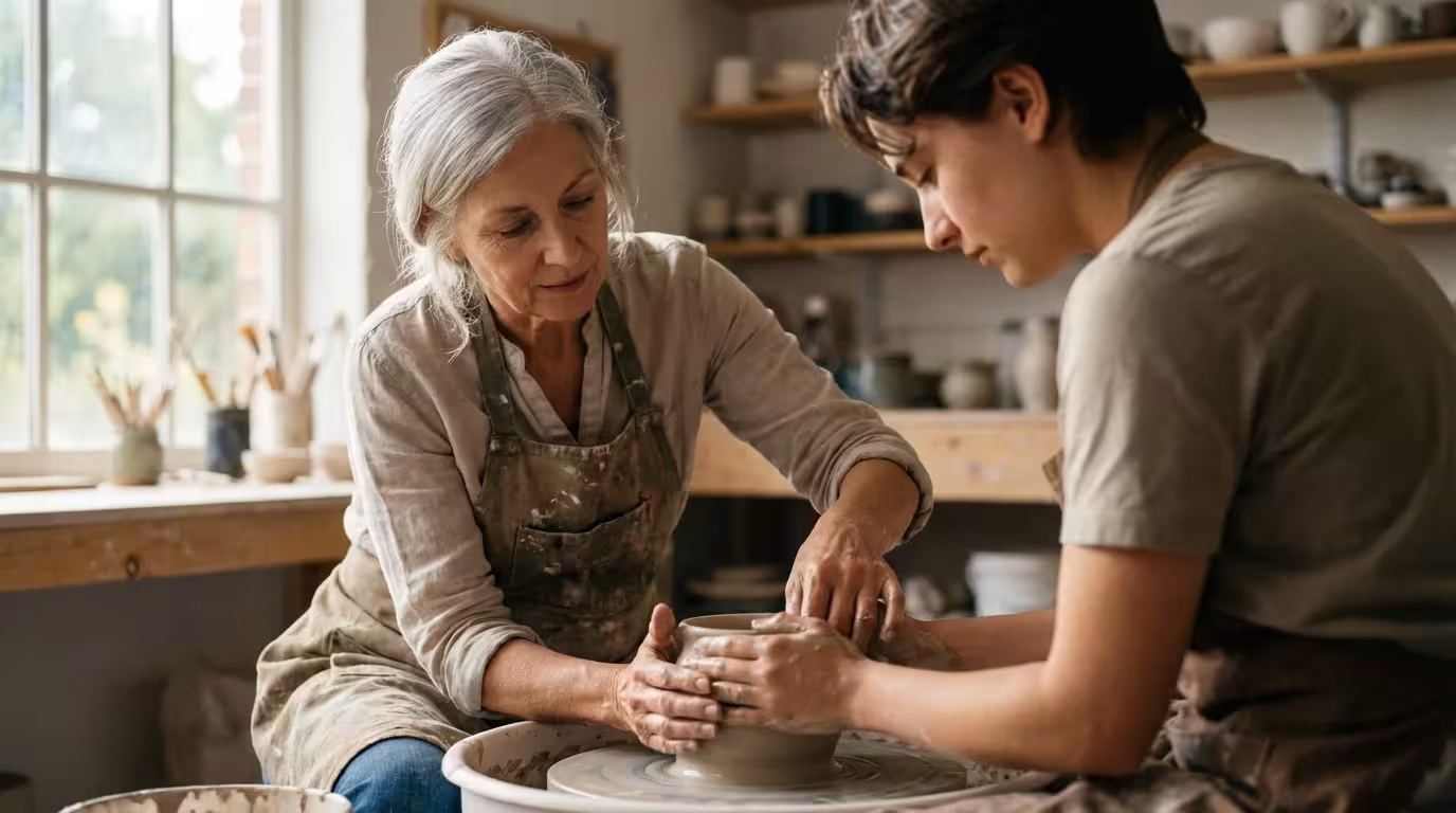 A woman in her 60s mentors a younger person at a pottery wheel.