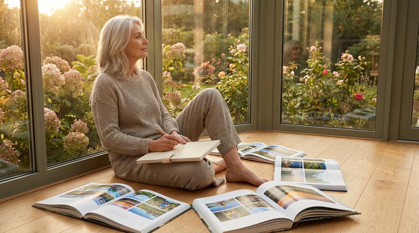 A woman in her 60s sits in a sunroom, planning her retirement bucket list.