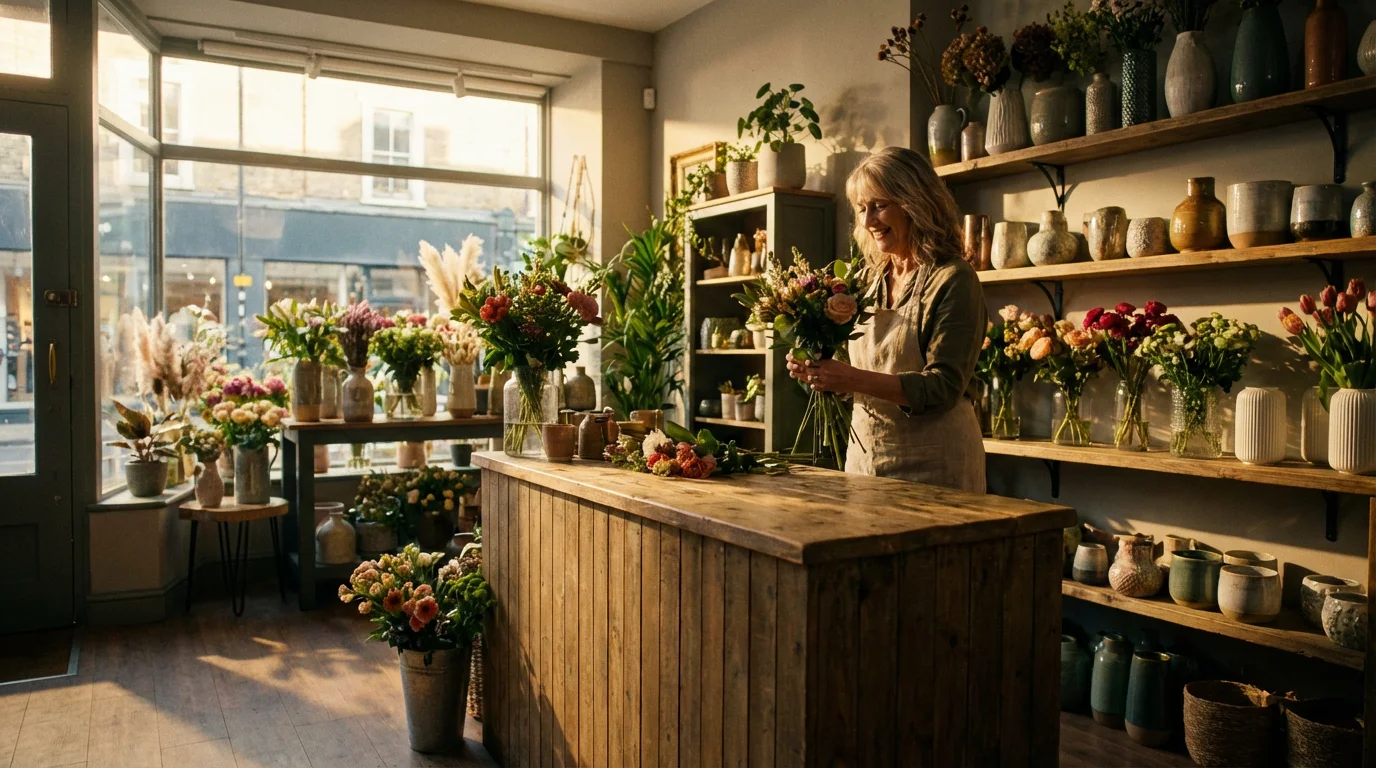 A woman in her late 50s arranging flowers in her sunlit, shadow-filled floral boutique.