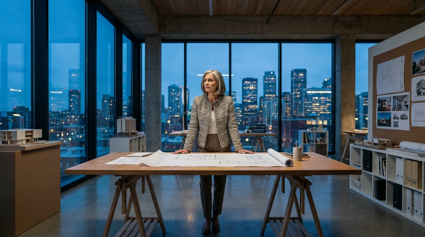 A woman in her late 50s plans her next career in a modern studio.