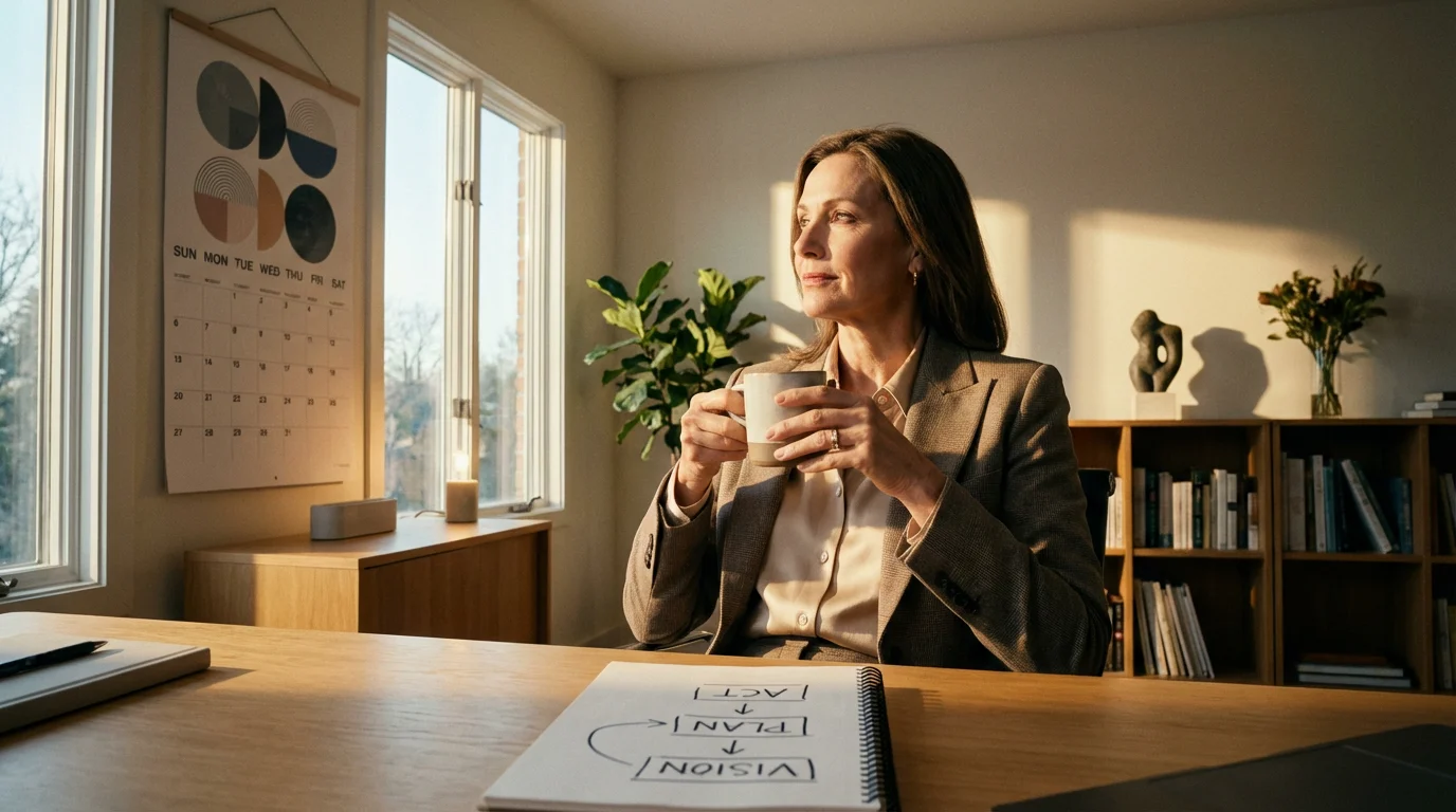 A woman in her late 50s thoughtfully planning her career and finances in a home office.