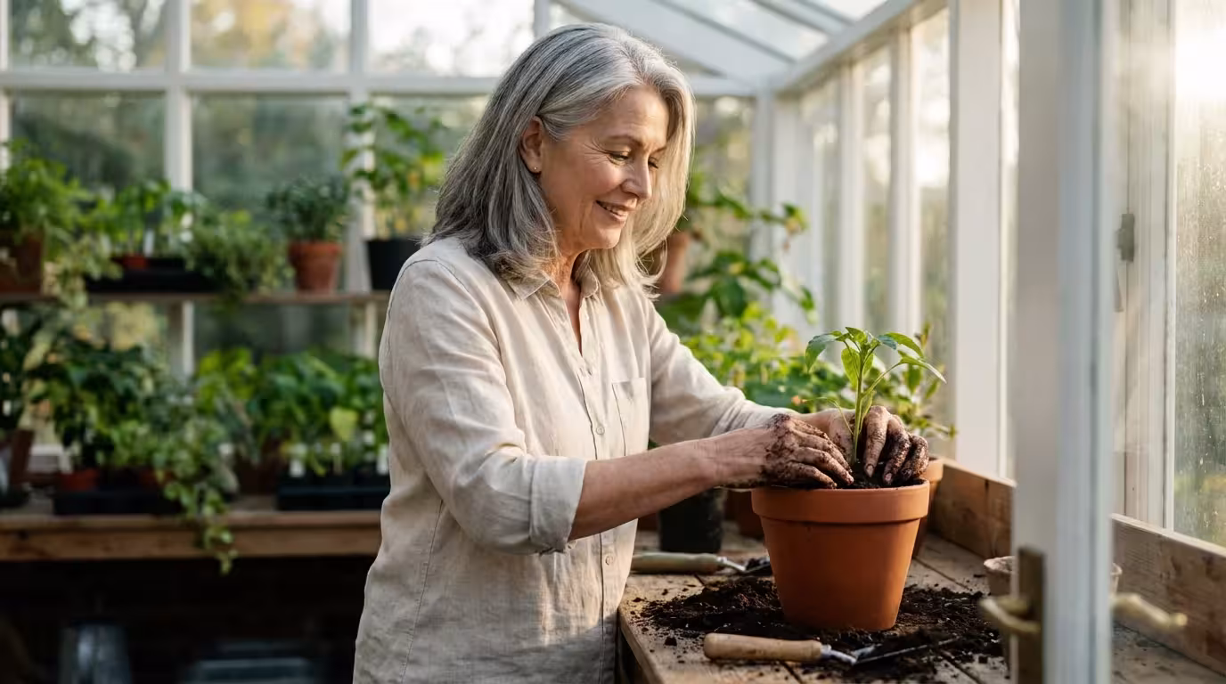 A woman in her sixties finding joy while gardening with seedlings in a sunlit room.