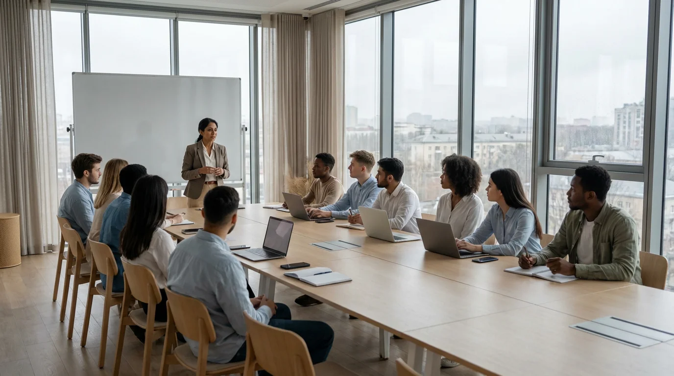 A woman leads a group mentorship workshop in a bright, modern meeting room.