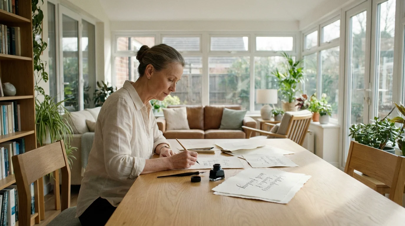 A woman practices calligraphy at a large wooden table in a bright, sunlit room.