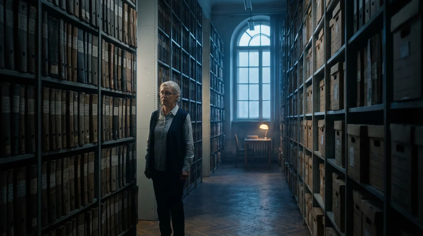 A woman stands in a vast library archive at dusk, looking at towering shelves.