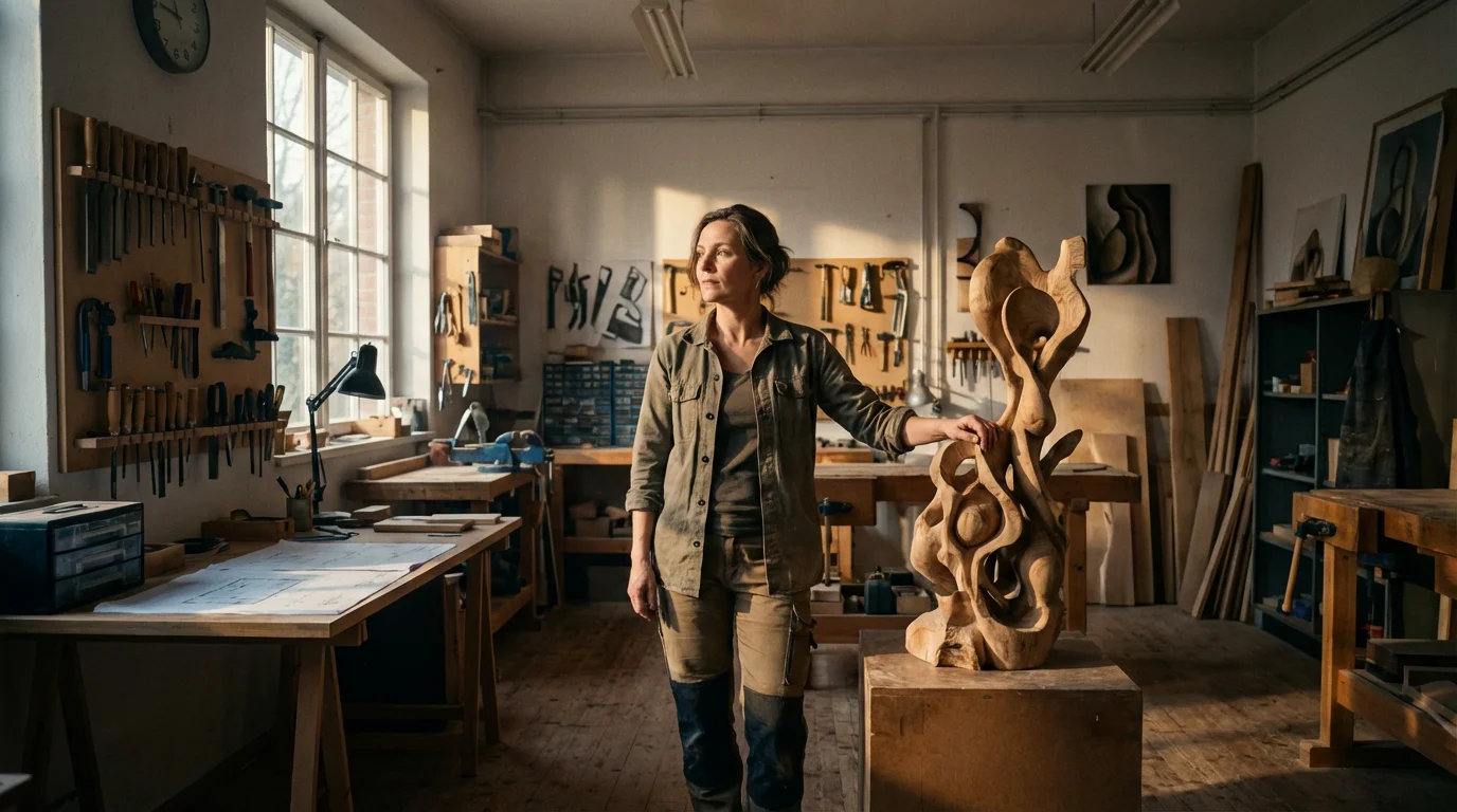 A woman stands in her sunlit artisan workshop, thoughtfully assessing a woodworking project.