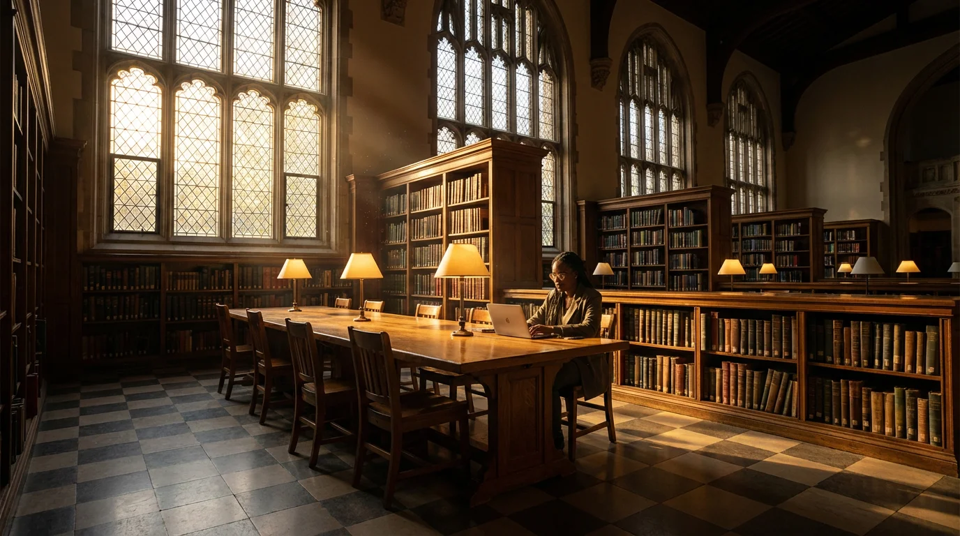 A woman types on a laptop while sitting alone at a table in a grand library.