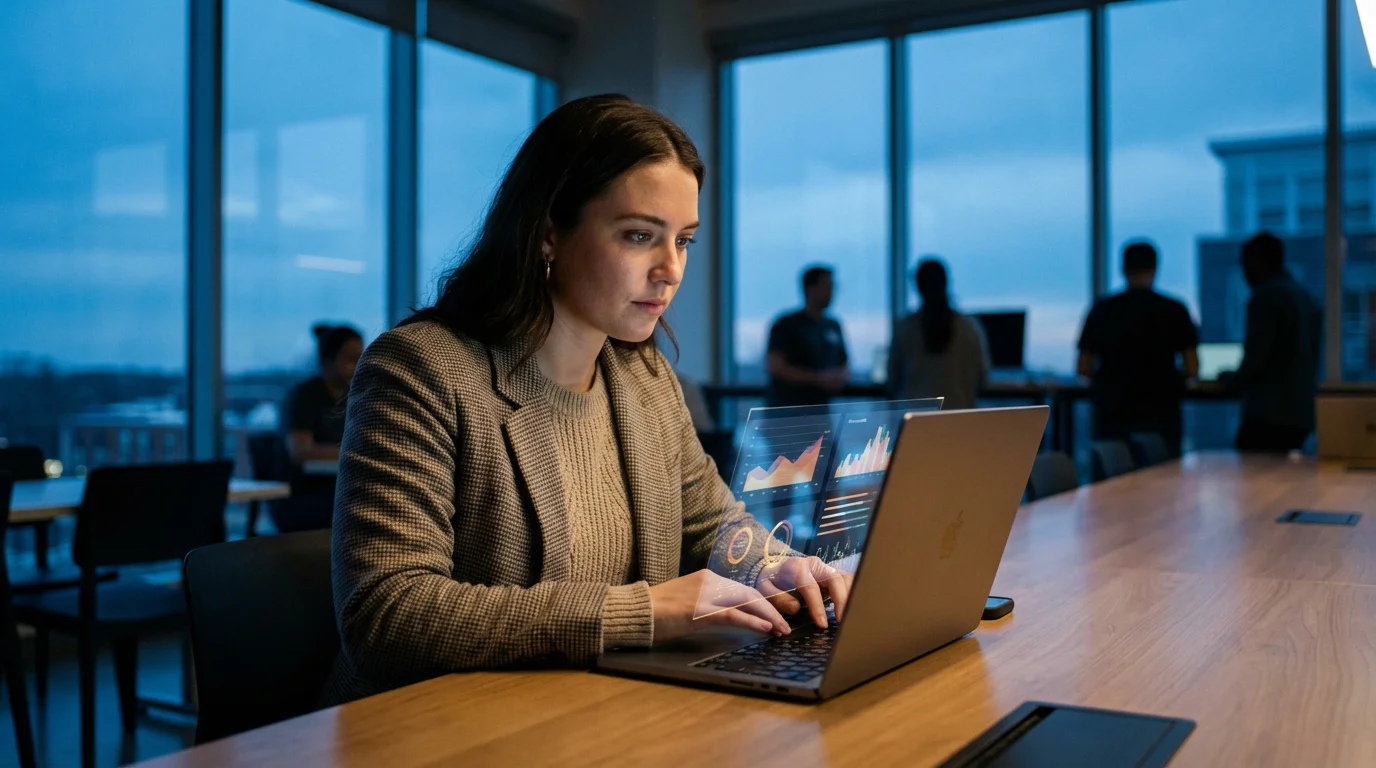 A woman volunteering at a tech event, focused on her laptop during blue hour.
