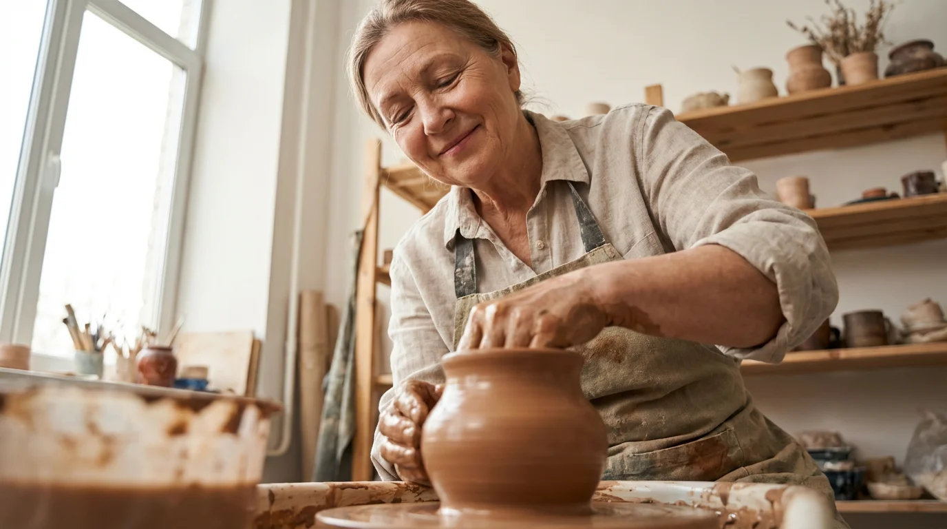 A woman with eyes closed peacefully shapes clay on a pottery wheel in a sunlit studio.