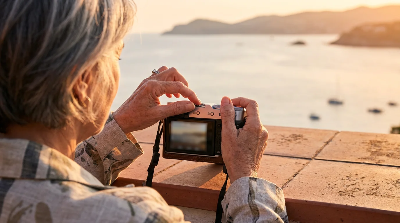 A woman's hands adjusting a camera dial on a balcony overlooking a coastal town at sunset.