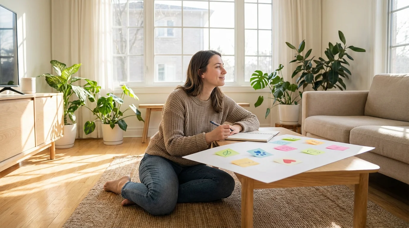 A young woman brainstorming with iconic sticky notes in a sunlit living room.