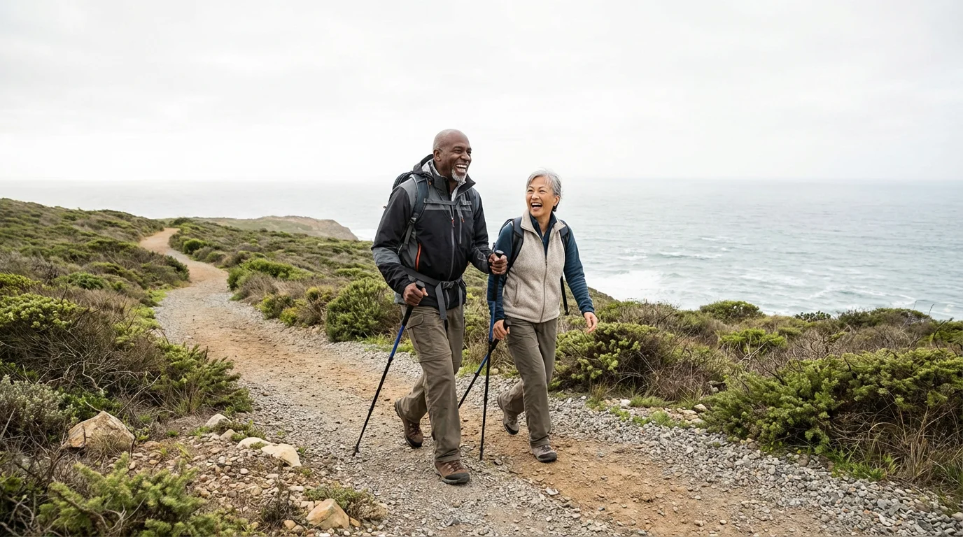 An active senior couple smiling and walking on a beautiful coastal hiking trail.
