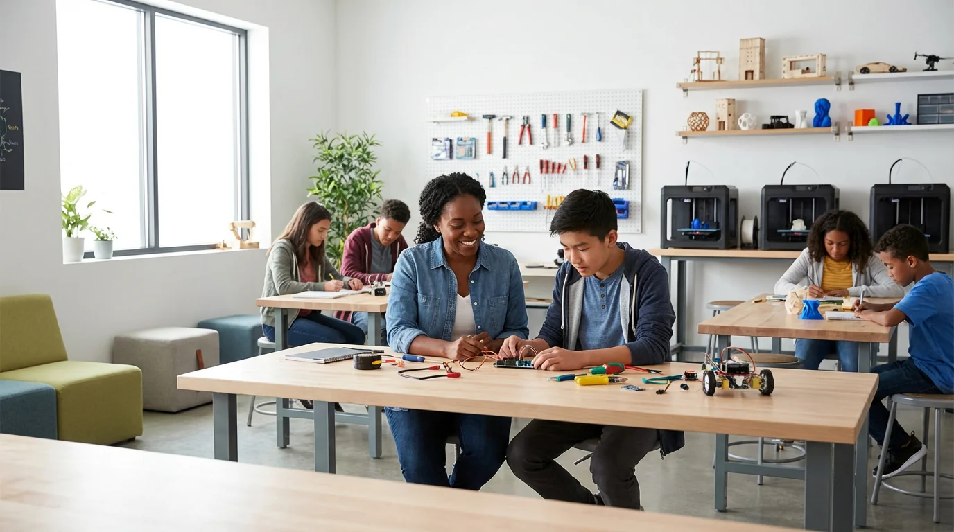 An adult woman mentors a teenage boy with a robotics project in a bright workshop.